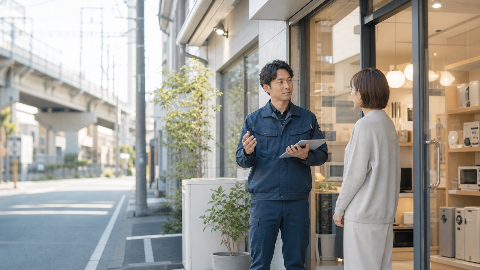 鐘ヶ淵の街のでんきやさんで相談する様子